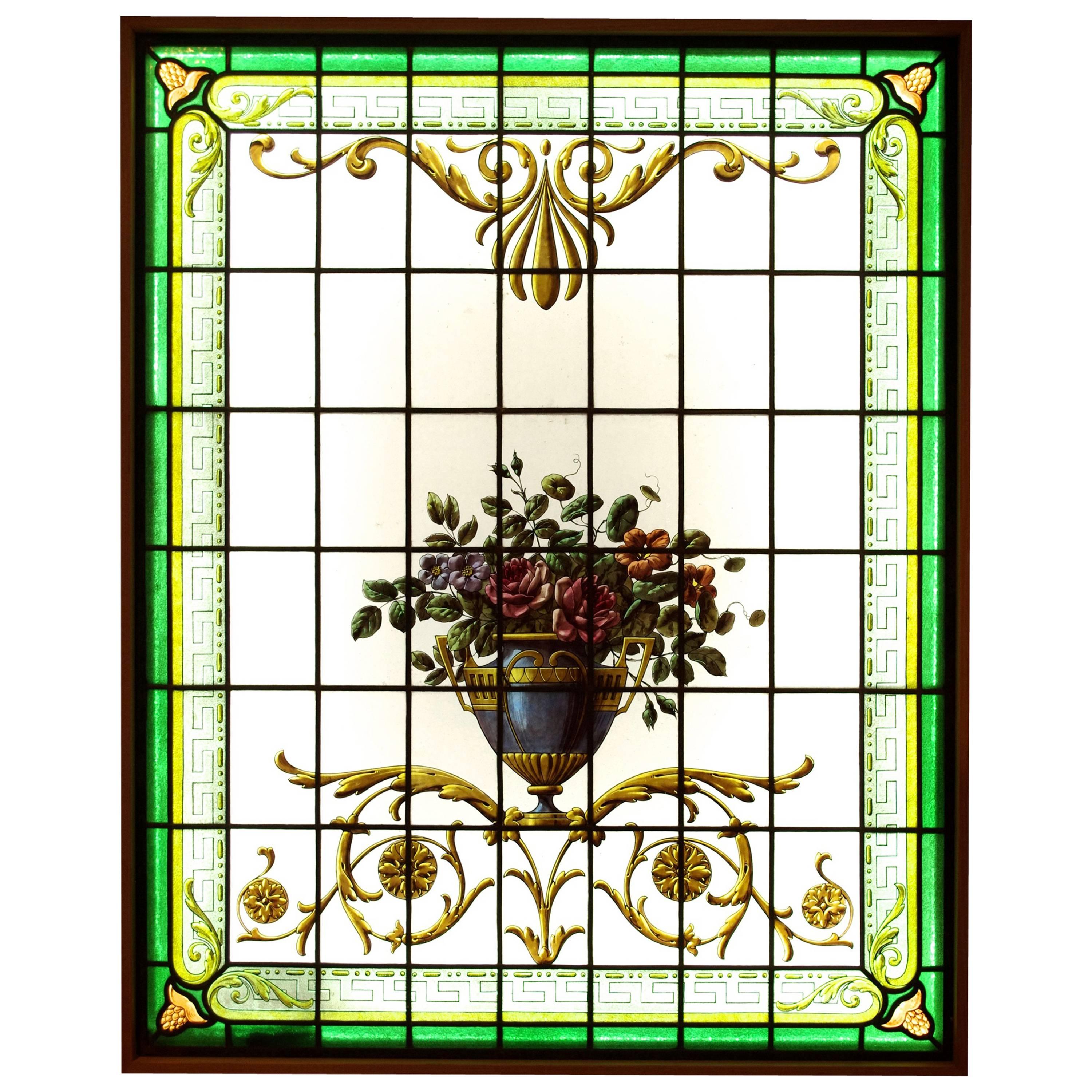 Ligthed Stained glass window with a decor of flowers, circa 1880