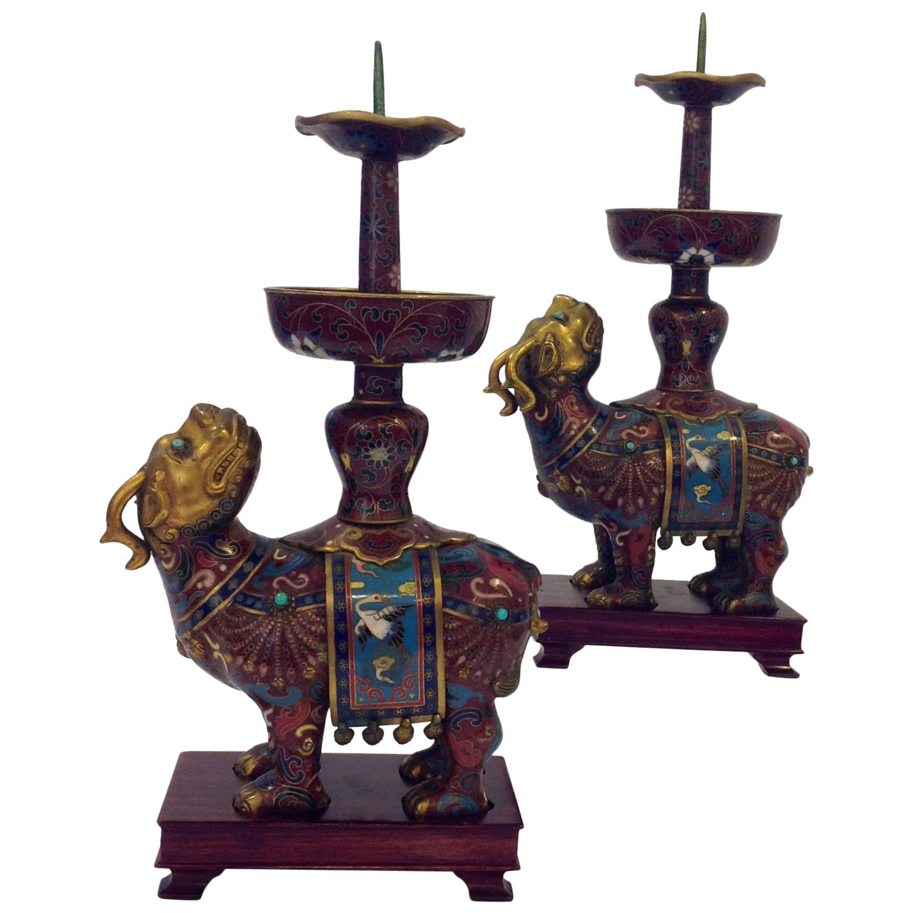 Two Cloisonné Animal Candlesticks For Sale
