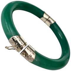 Vintage Chinese Jadeite Jade & Sterling Repose Bangle Bracelet