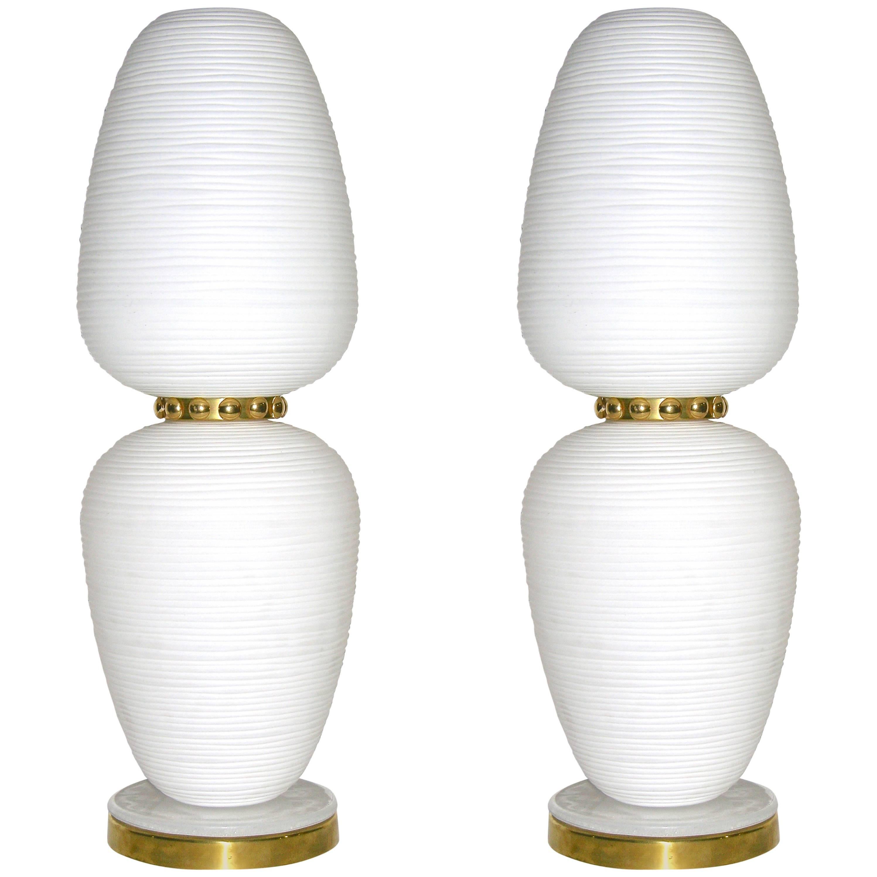 1970s Vistosi Italian Pair of Vintage Gold and White Murano Glass Lamps