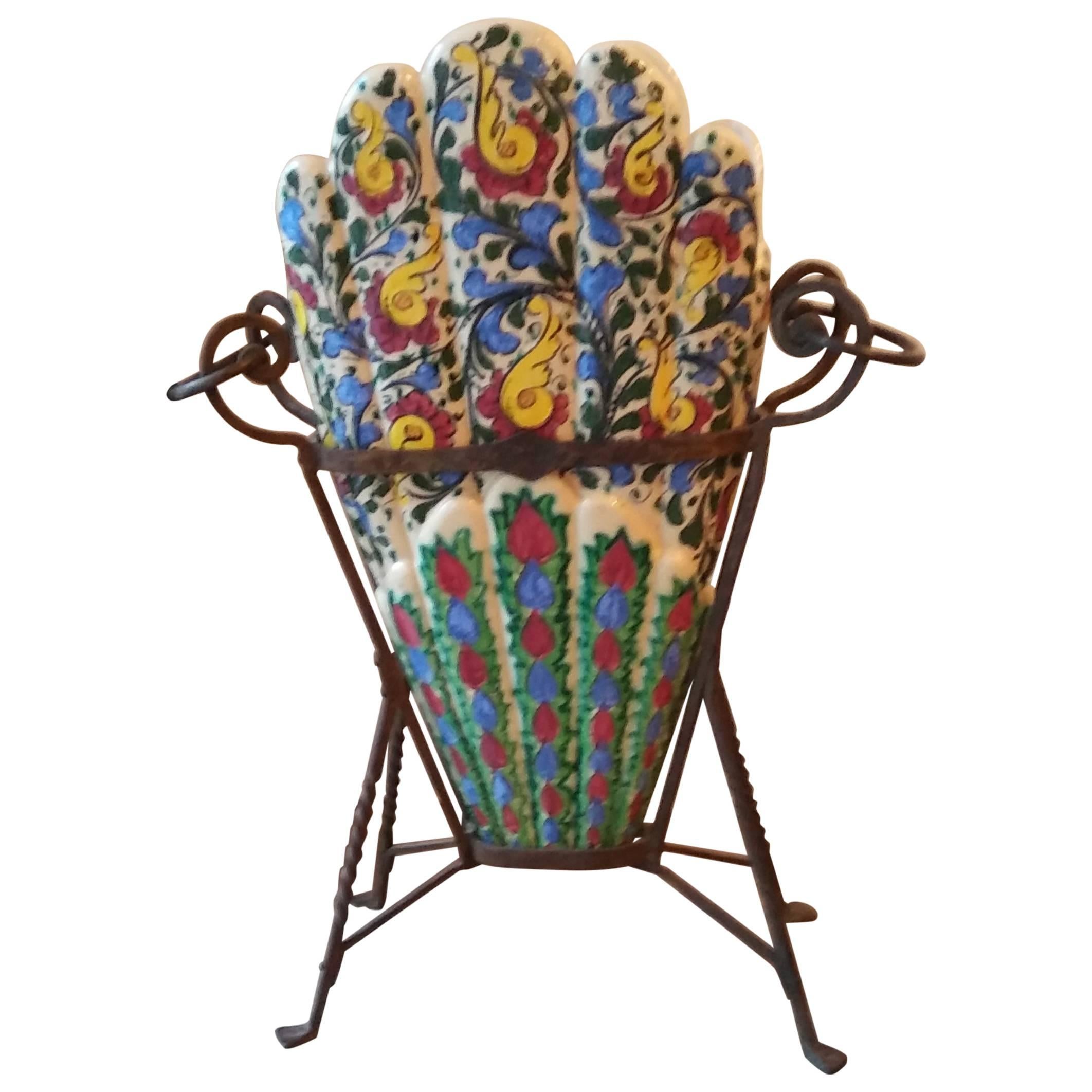 Estate Arts and Crafts Majolica Umbrella Stand on Artistic Wrought Iron Base