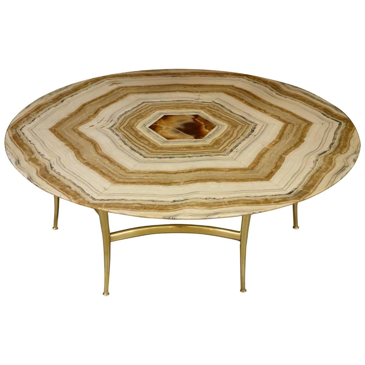Mid-Century Italian Beige, Cream and Gray Onyx and Brass Circular Cocktail Table