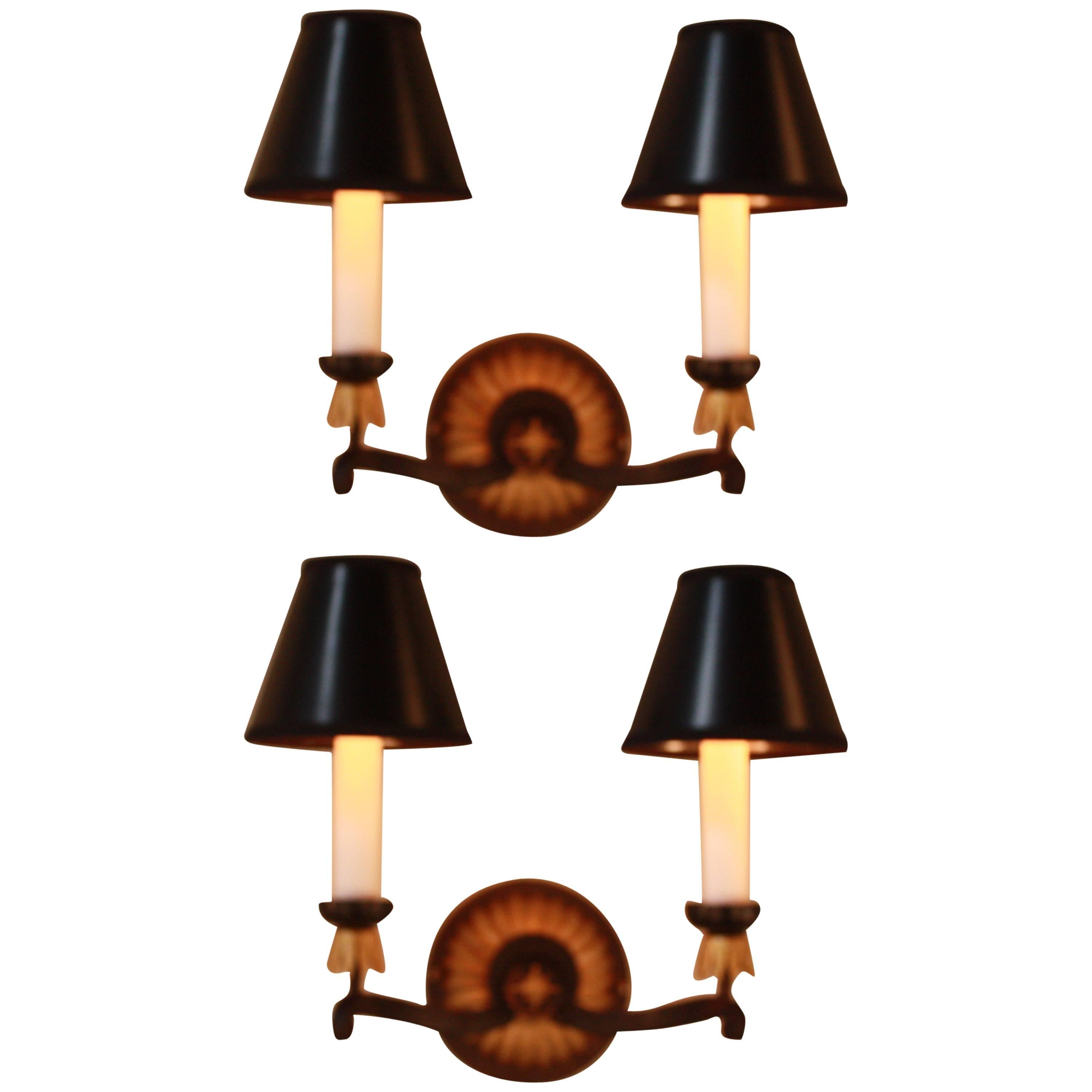 Pair of Iron and Gold Leaf Wood Wall Sconces
