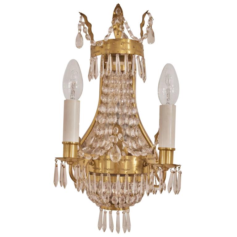 Empire Style Applique Two-Flamed Wall Lamp Germany 1930s Brass and Crystal Sconce For Sale at ...