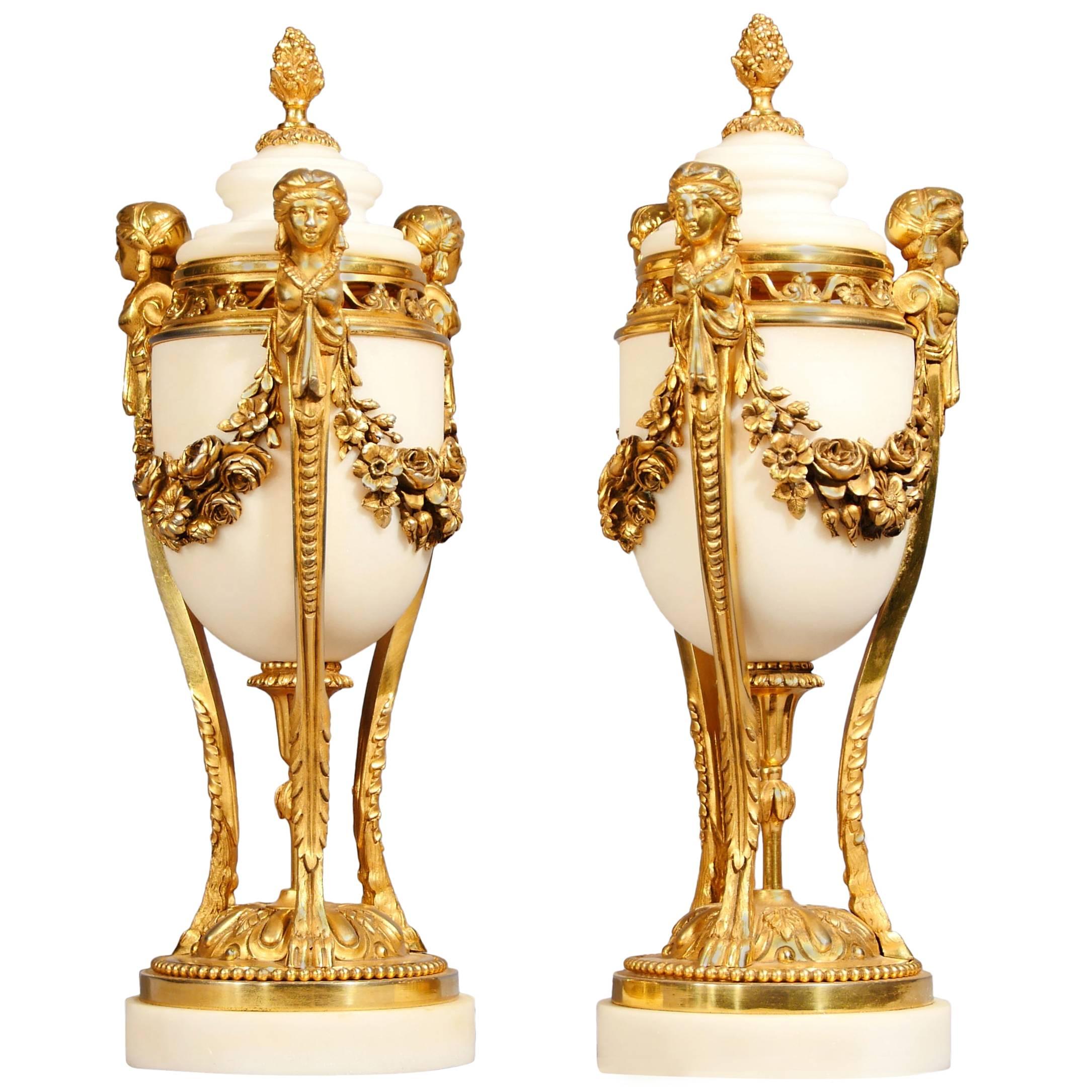 Pair of Antique French Empire Marble Cassoulets Urns For Sale