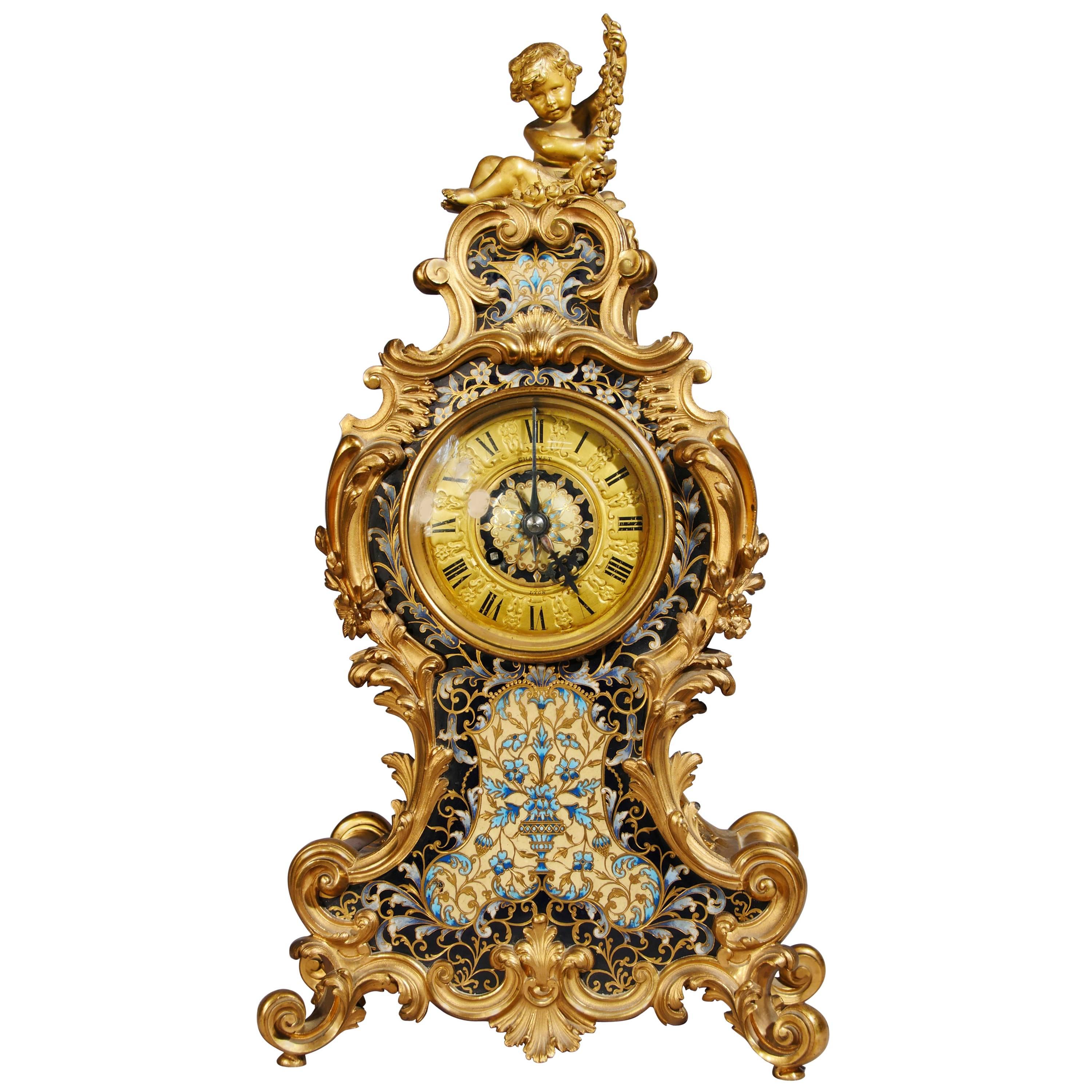 Antique French Empire Cloisonné́ Mantle Clock Rococo Ormolu Cherub For Sale