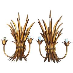 1940s French Gold Leaf Gilt Iron Two-Light Wall Sconces 9