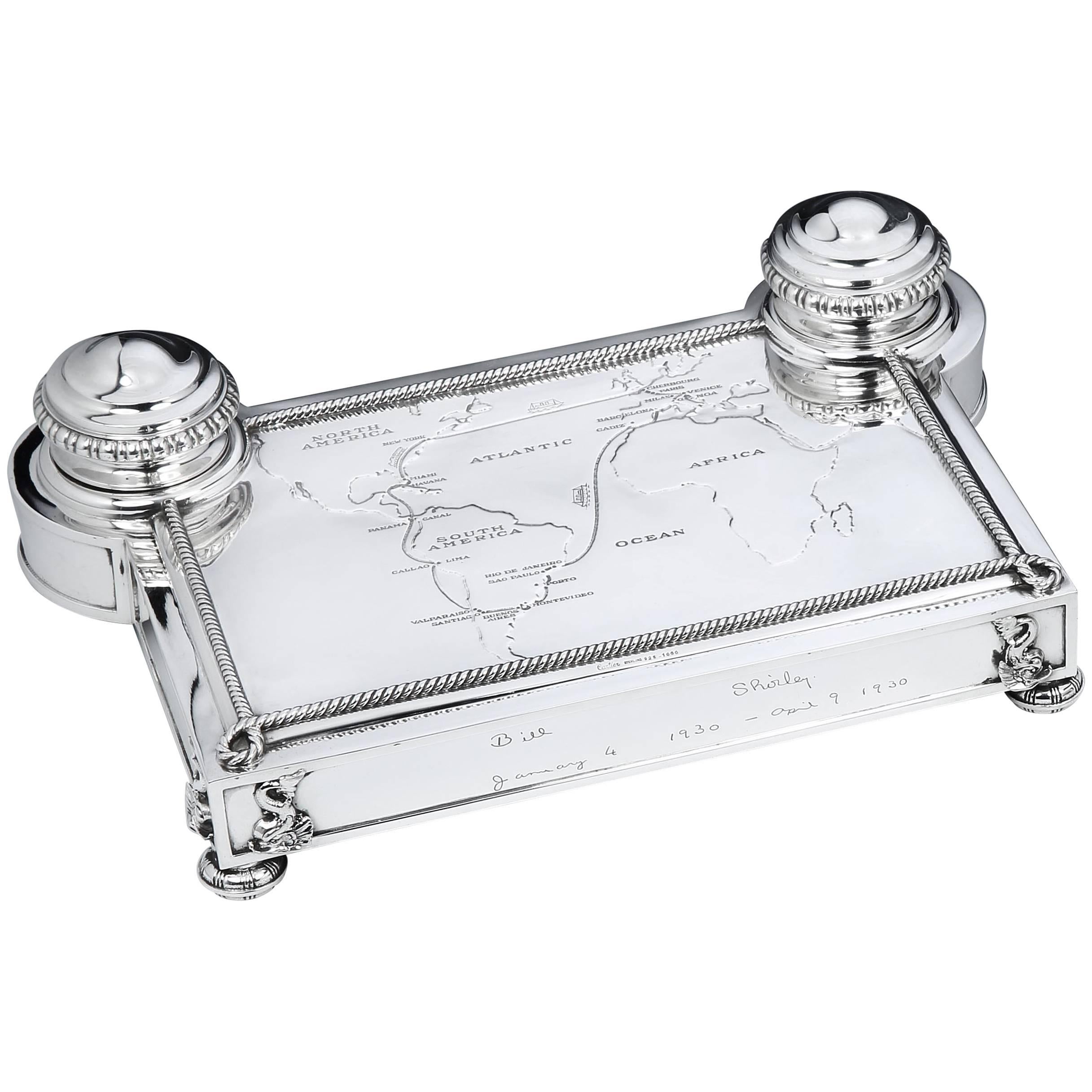 Unique Sterling Silver 'Map of the World' Inkstand, by Cartier, Paris
