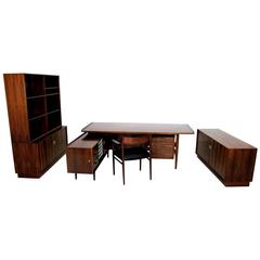 Complete Office in Rosewood Containing Desk, Credenzas and Armchair, Arne Vodder