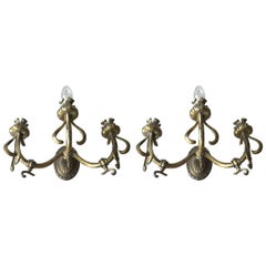 Rare Pair of Art Nouveau Bronze Wall Sconces / Fixtures with Flower Sculptured