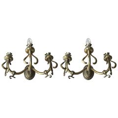 Pair of Art Nouveau Bronze Three-Light Gas Wall Sconces Flower Design Wall Lamps 11