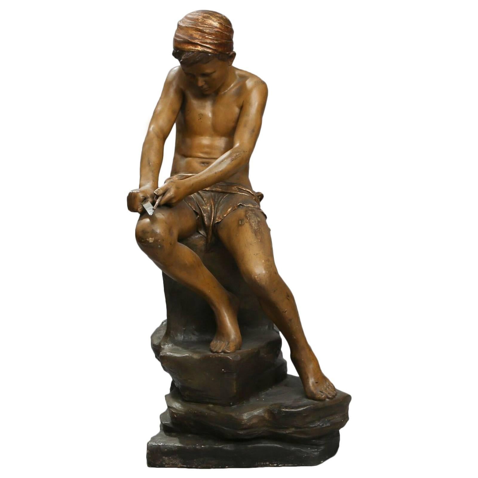 Late 19th Century Figure of a Young Seated Boy Carving by Goldscheider For Sale