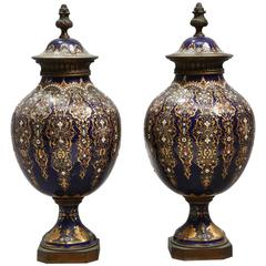 Pair of 19th Century Sèvres 'Jeweled' Lidded Vases