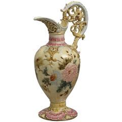 19th Century Zsolnay Ewer Featuring a Pink Floral Design and a Decorative Handle