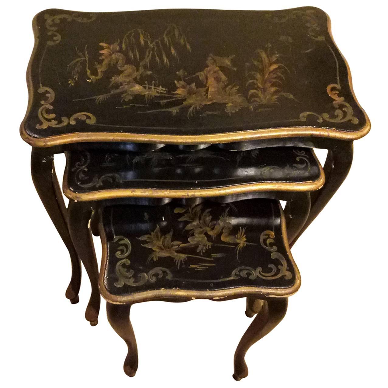 Set of Ebonized Chinoiserie Decorated Stack or Nesting Tables