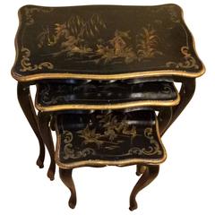 Vintage Set of Ebonized Chinoiserie Decorated Stack or Nesting Tables