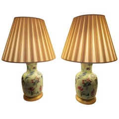 A Pair Of Floral Porcelain Hand Painted Ginger Jar Lamps