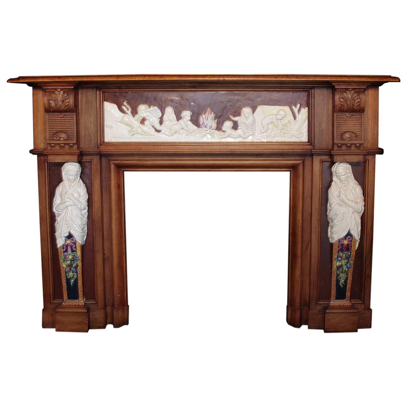 Delicate Fireplace Mantelpiece, Carved Walnut and Ceramic, 19th Century For Sale