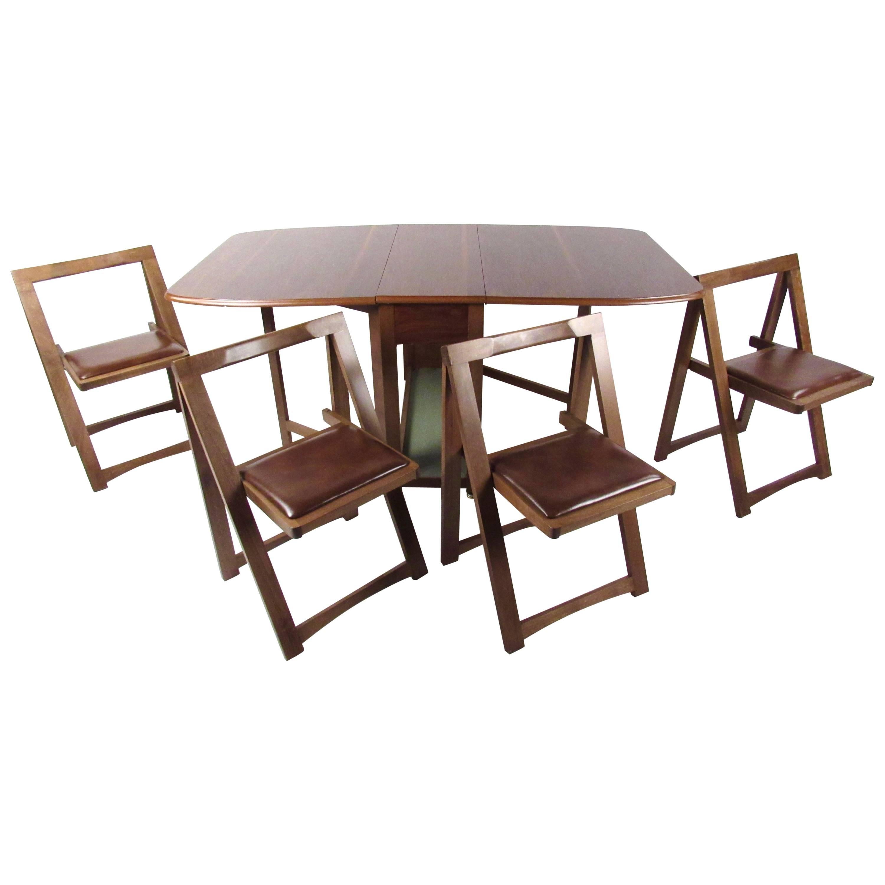 Mid-Century Modern Rolling Drop-Leaf Table with Chairs
