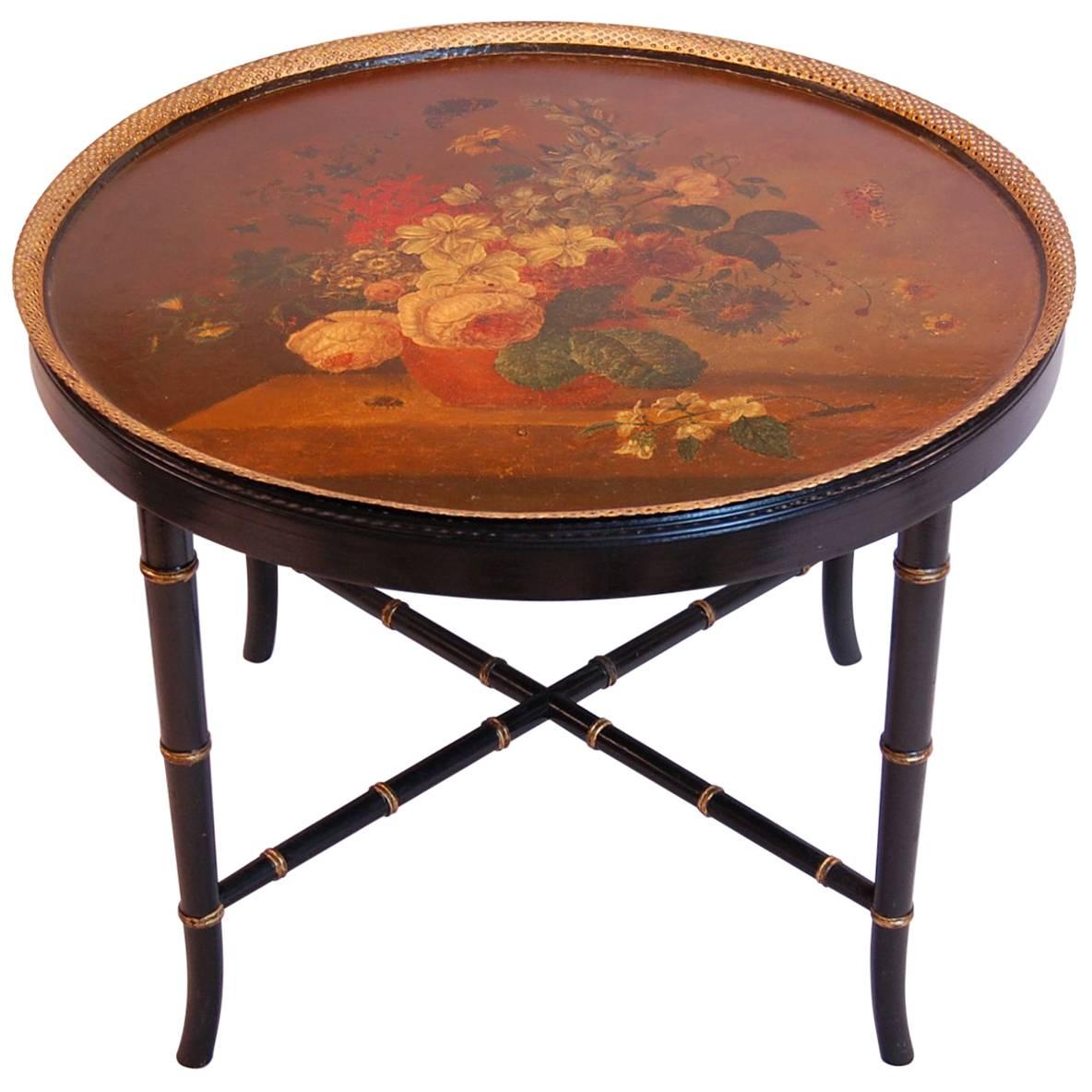 Large Floral Painted Circular Tole Tray on Black Lacquered Base, circa 1860