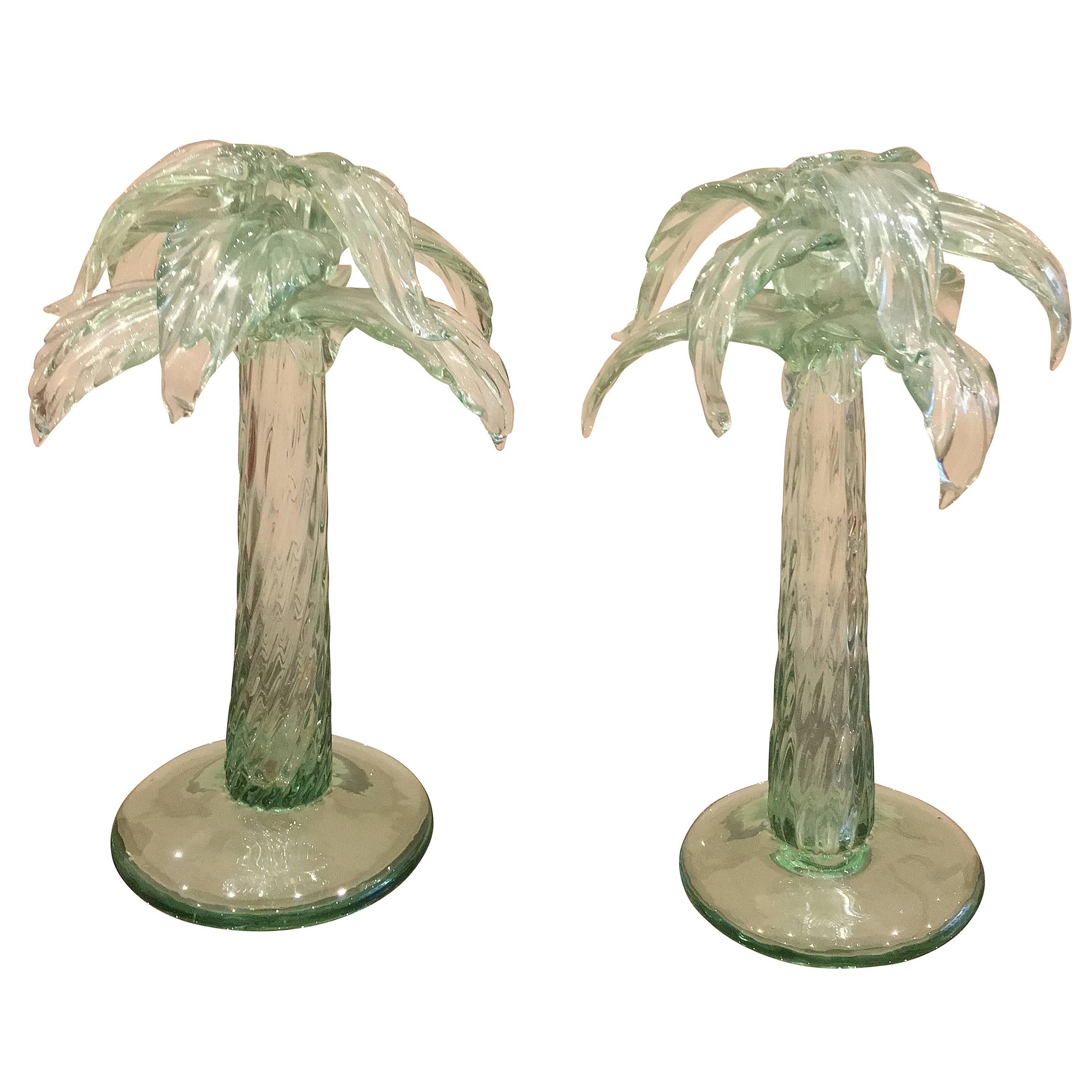 Fine Pair of Murano Glass Palm Tree Candlestick, circa 1940s
