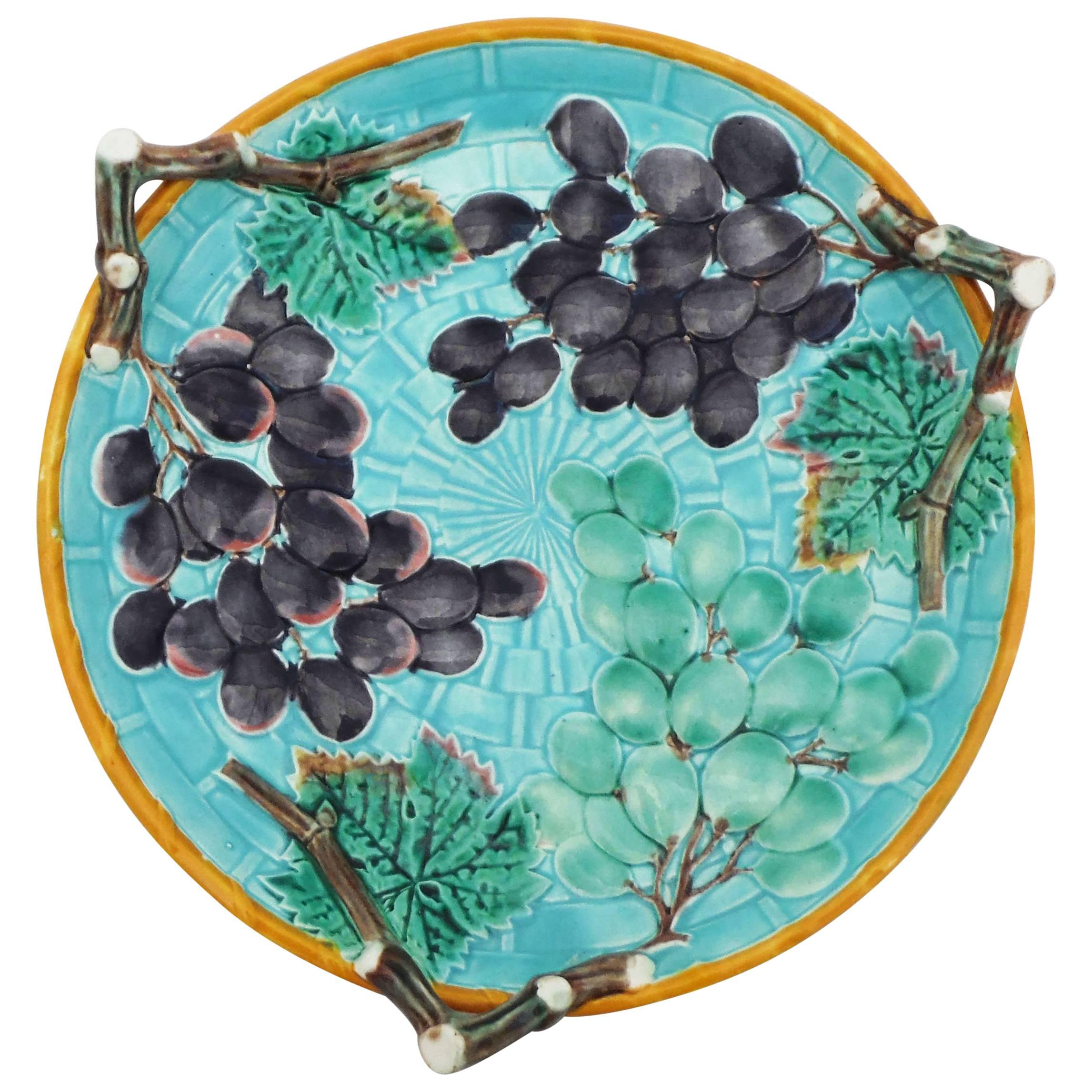 19th Century Aqua Majolica Grapes Serving Handled Platter Wedgwood