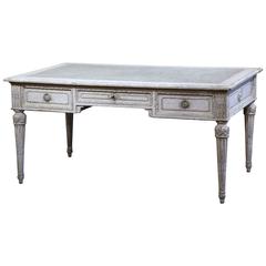 Antique Large 19th Century French Carved Louis XVI Painted Desk with Faux Leather Top