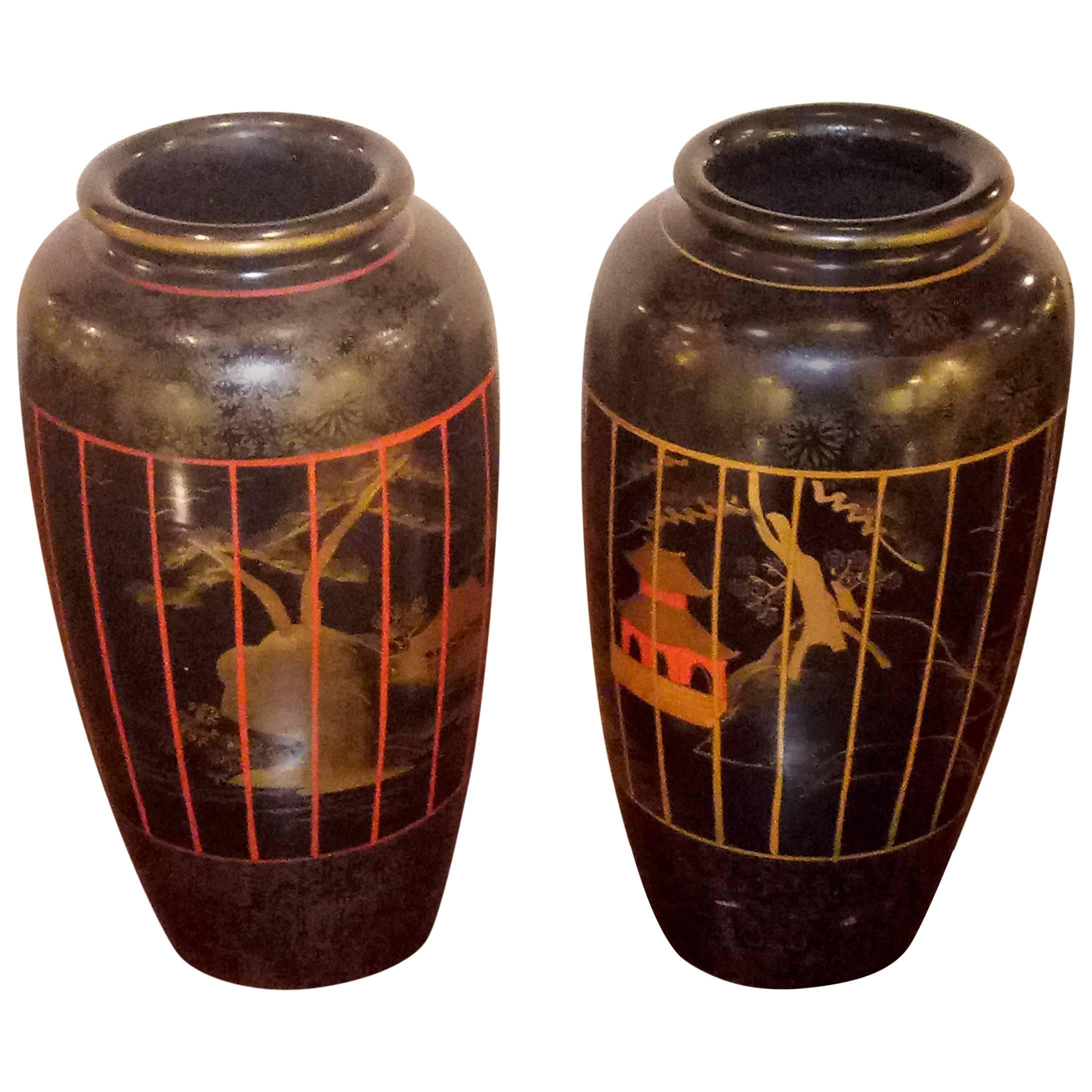 Pair of Japanese Hand-Painted Vases