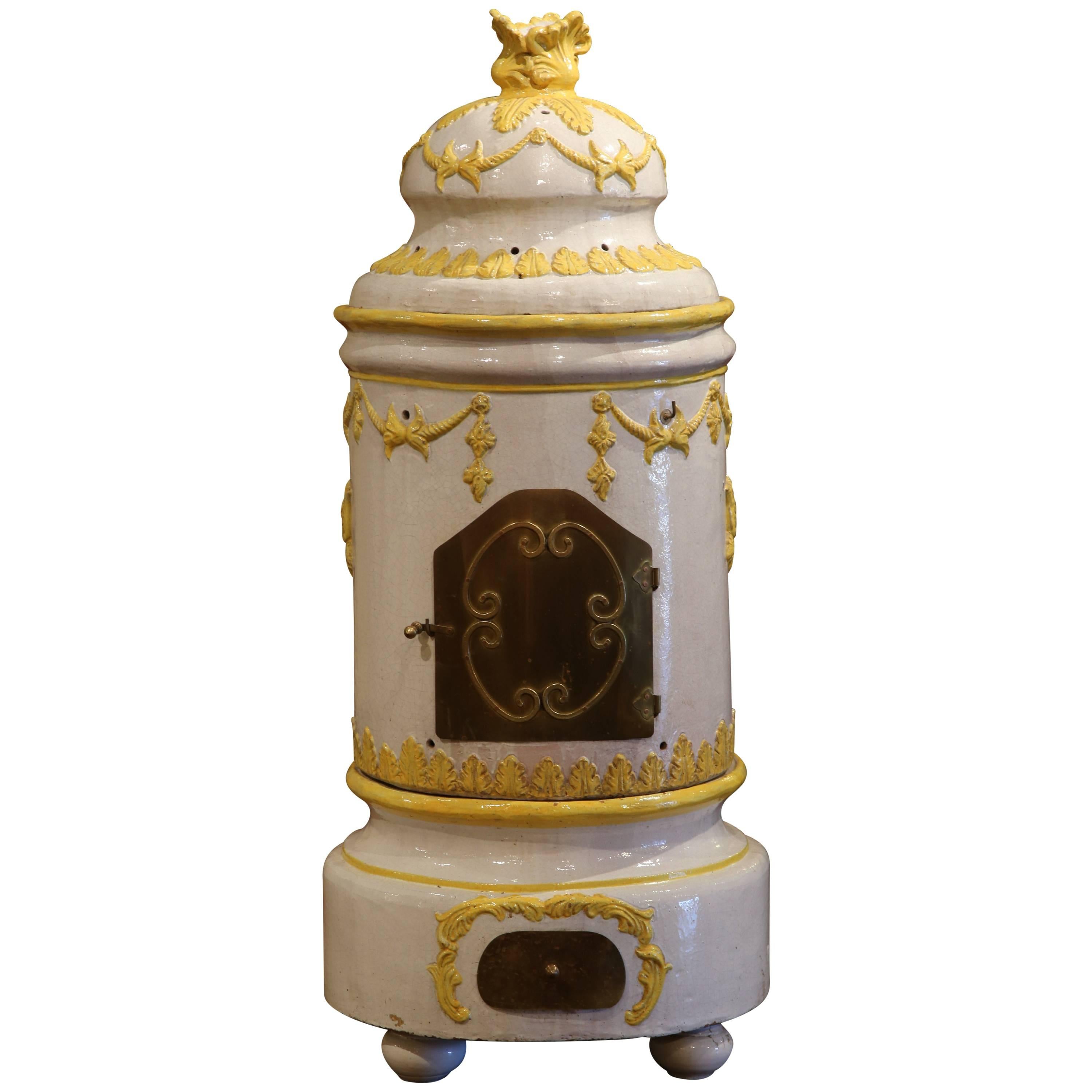 19th Century French White and Yellow Terracotta and Brass Wood Burning Stove
