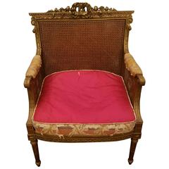 19th Century, Louis XVI Giltwood Carved Double Cane Bergere