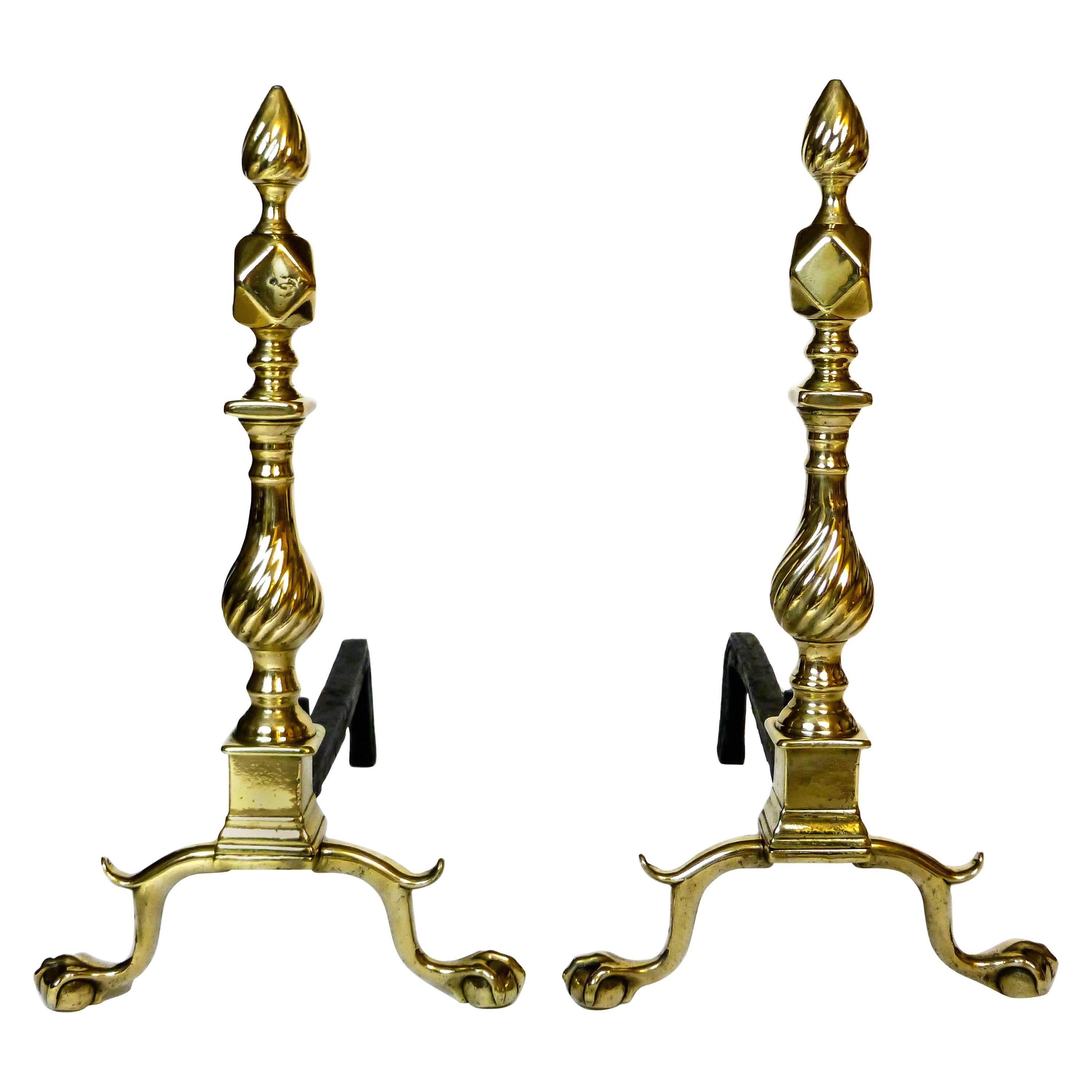 Pair of American 'New York' Diamond and Flame Brass Andirons, 1765 For Sale