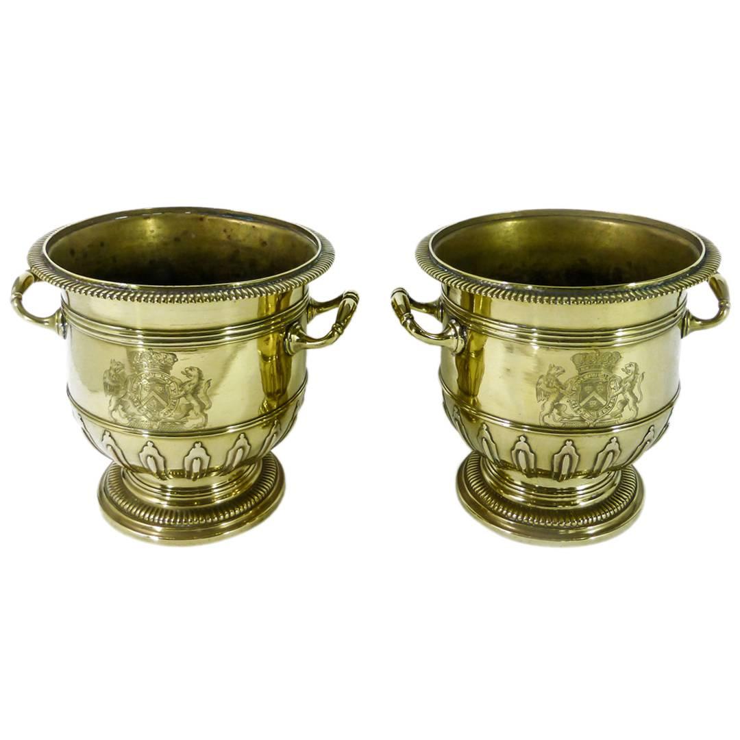 Pair of Brass Silver Form Huguenot Wine Buckets, circa 1710 For Sale