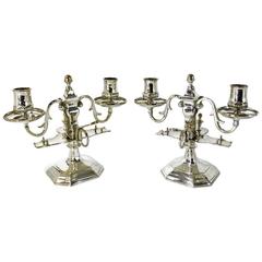 Pair of French Silvered Brass Two-Arm Bouillotte Candlesticks, circa 1850