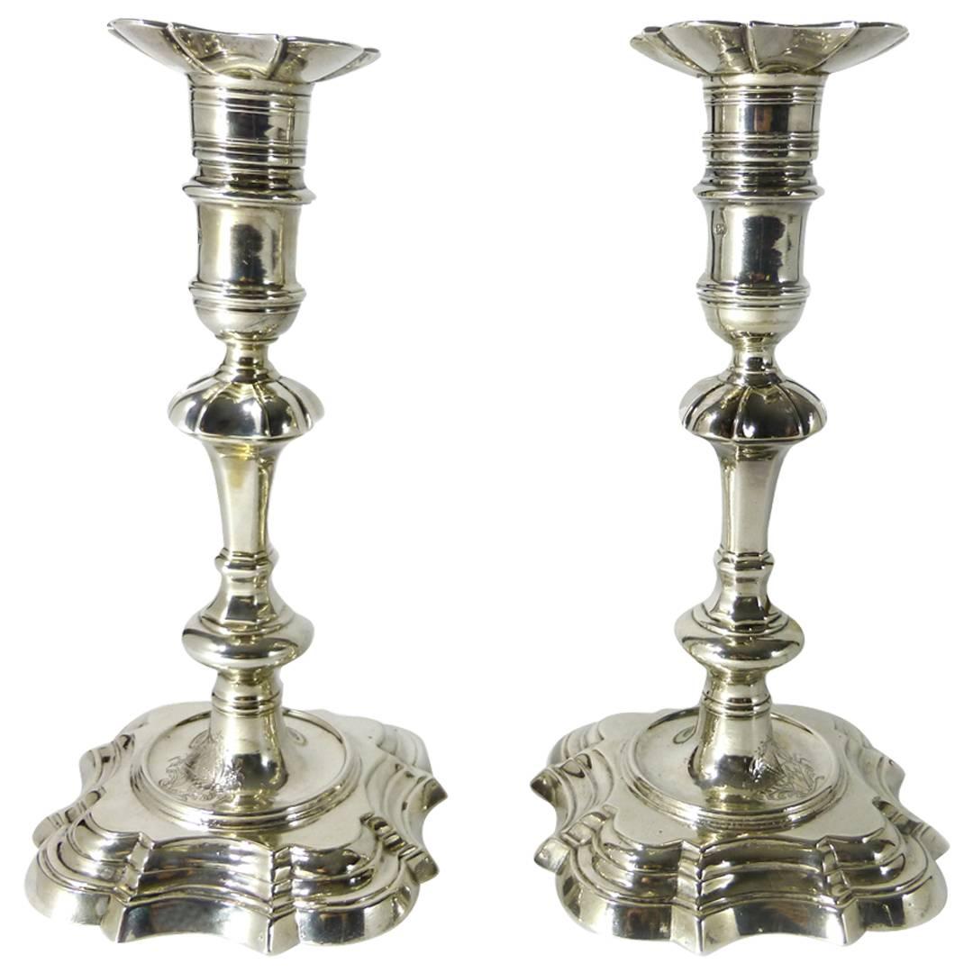 Pair of English Silver Candlesticks, London, 1738 For Sale