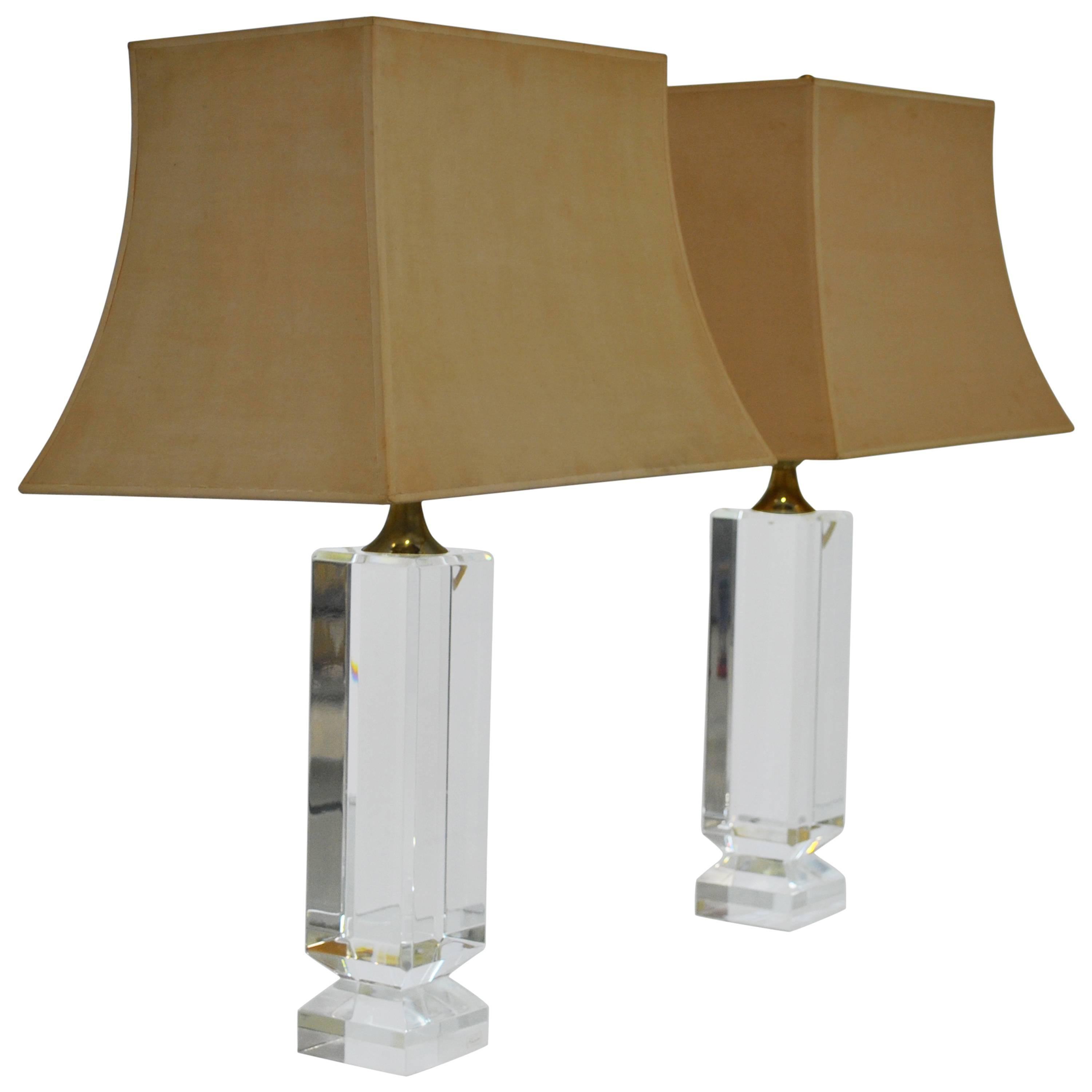 Pair of Signed "Renato" Lucite Block Table Lamps, 1970s For Sale