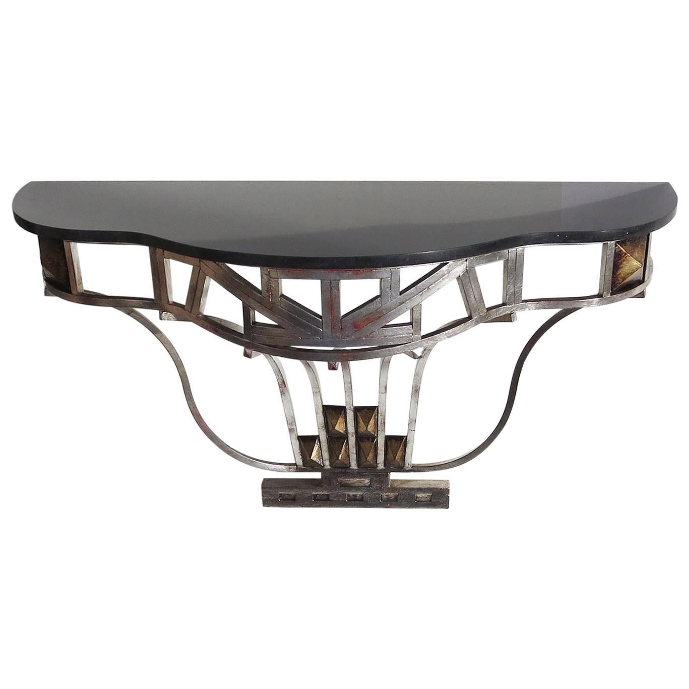 Art Deco Silvered Iron and Marble Console Table
