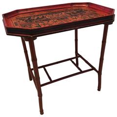 Smashing Coral Octagonal Tray Table with Faux Bamboo Stand