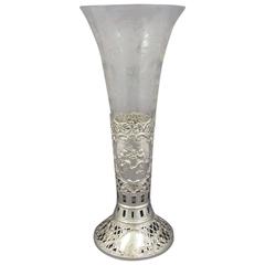 Antique Large German Silver and Glass Vase