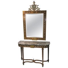 Stunning 1940s, Brass and Sevres Style Porcelain Plaque Mirror and Console