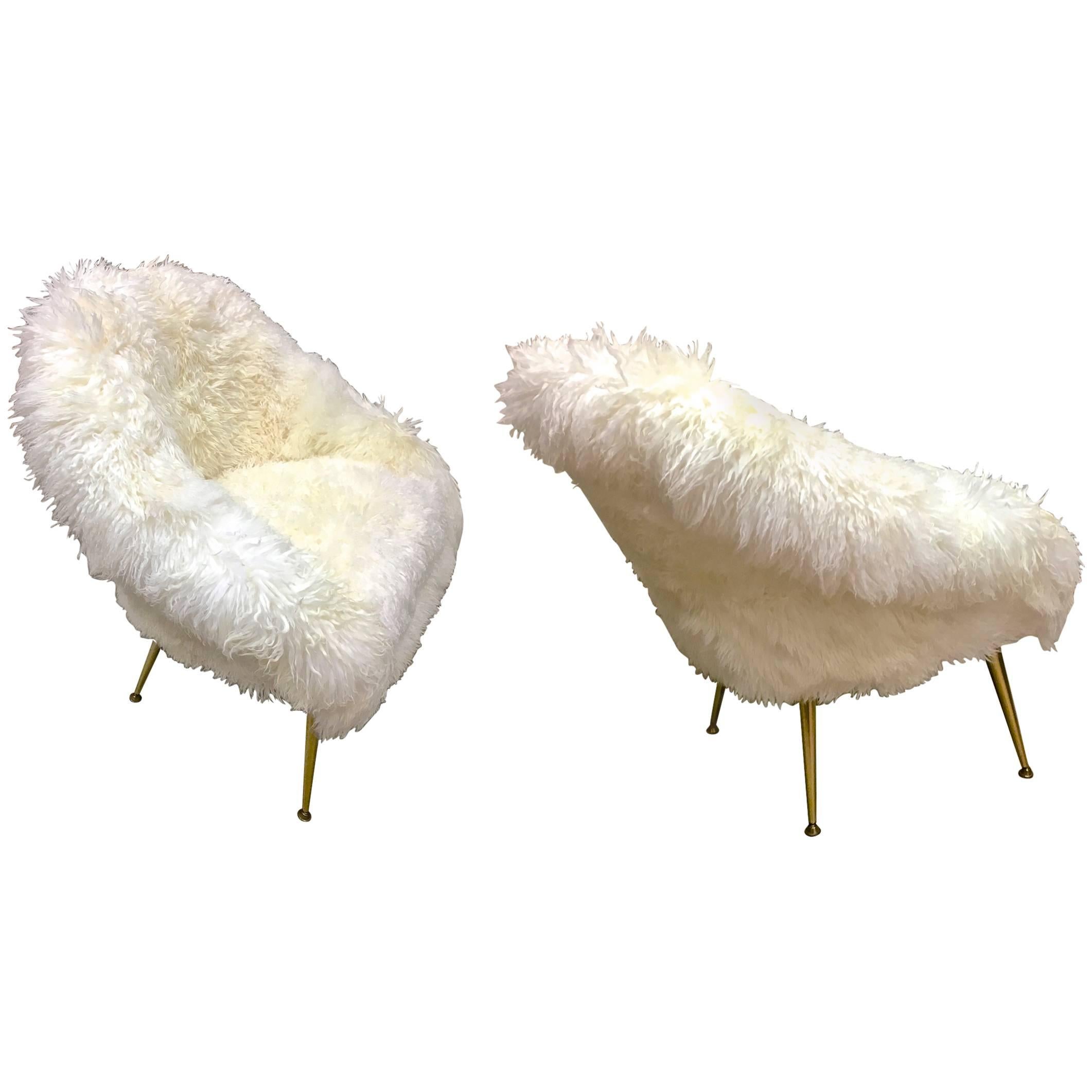 Fritz Neth Pair of Chairs with Tapered Metal Legs Newly Covered in Sheepskin Fur For Sale