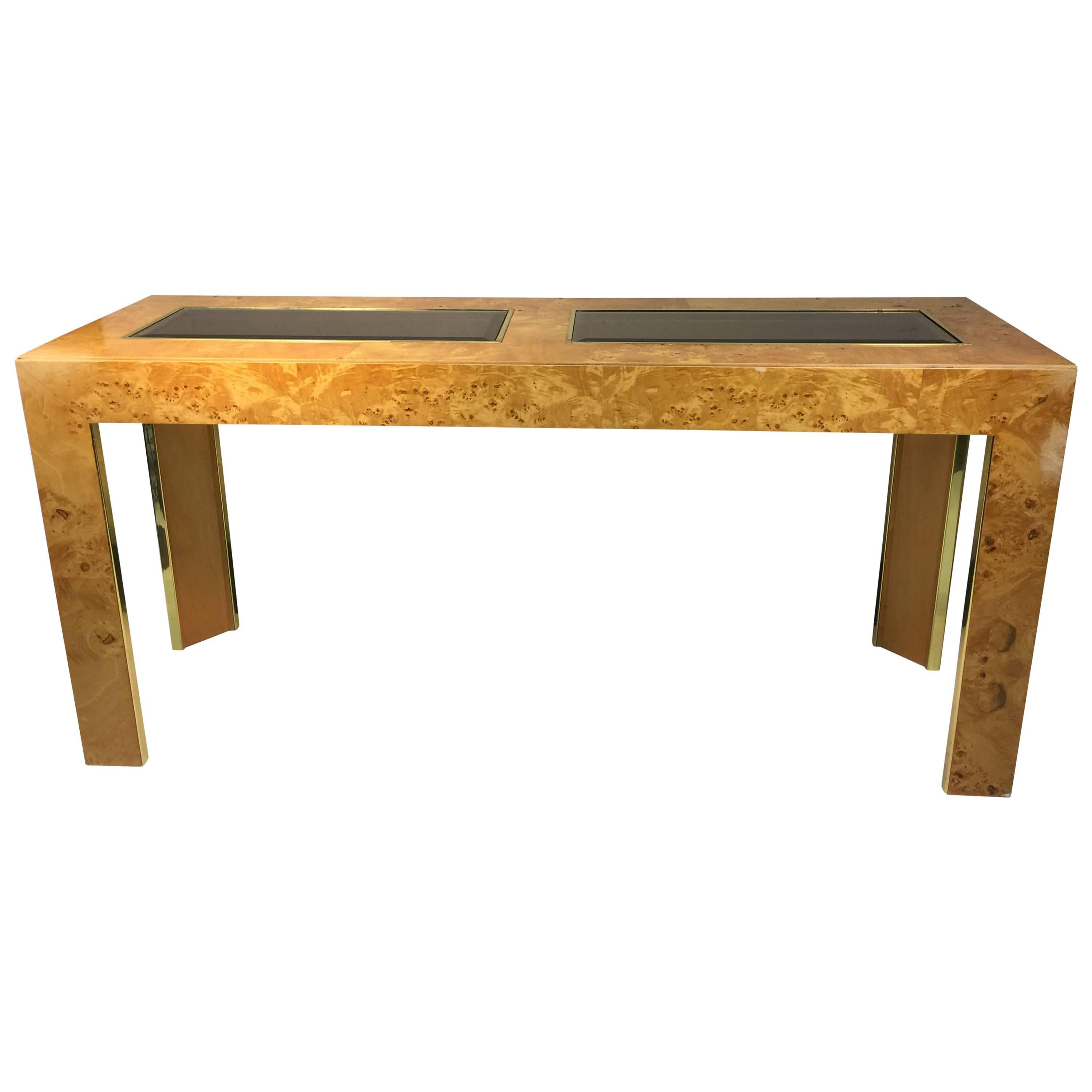 Marvellous Milo Baughman Burl Wood Console Table with Beautiful Brass Accents For Sale