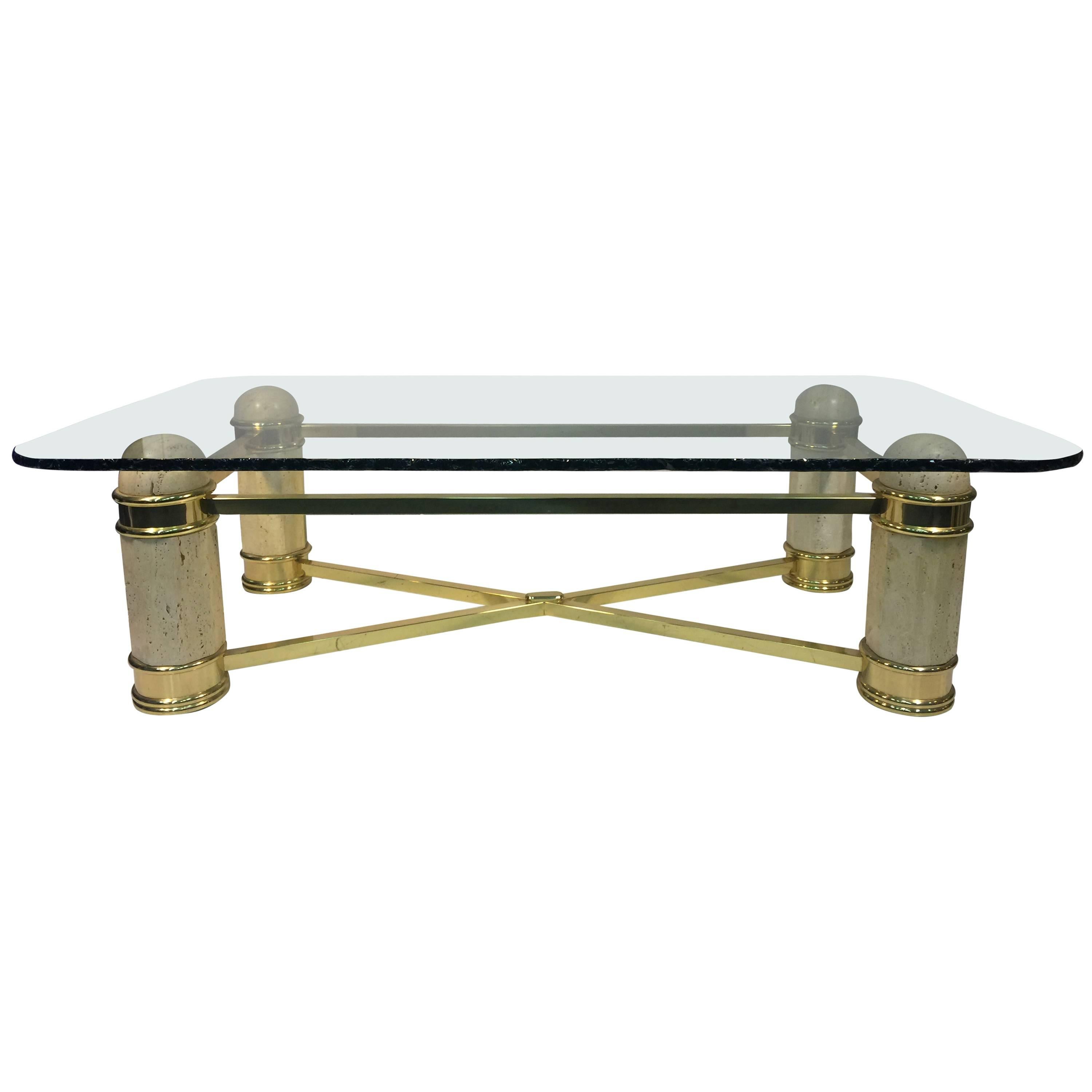 Incredible Italian Travertine and Brass Coffee, or Center Table with Glass Top For Sale
