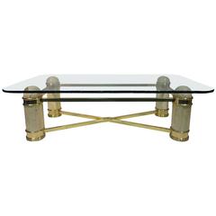 Incredible Italian Travertine and Brass Coffee, or Center Table with Glass Top
