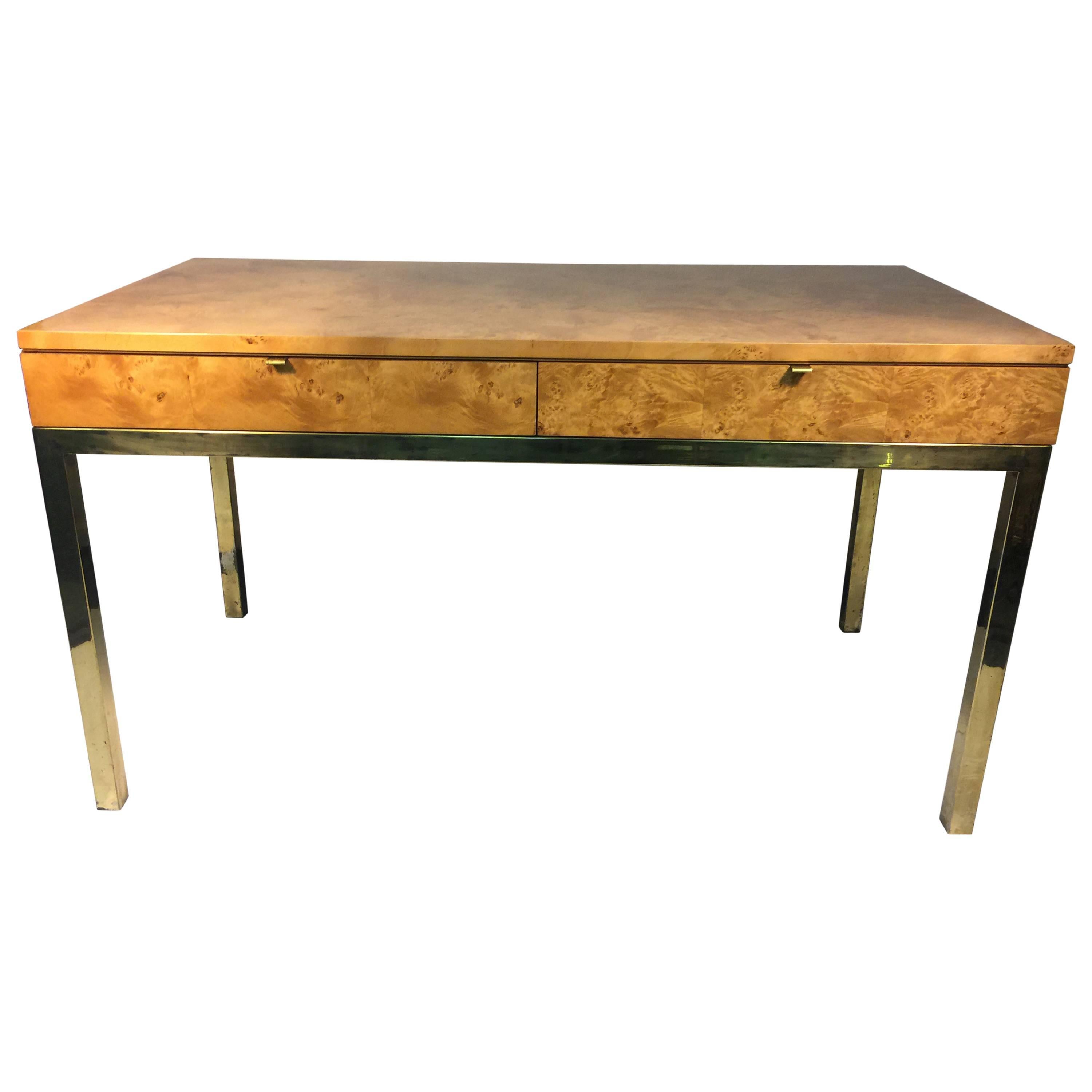 Magnificent Milo Baughman Burl Wood Desk or Console Table with Brass Base For Sale