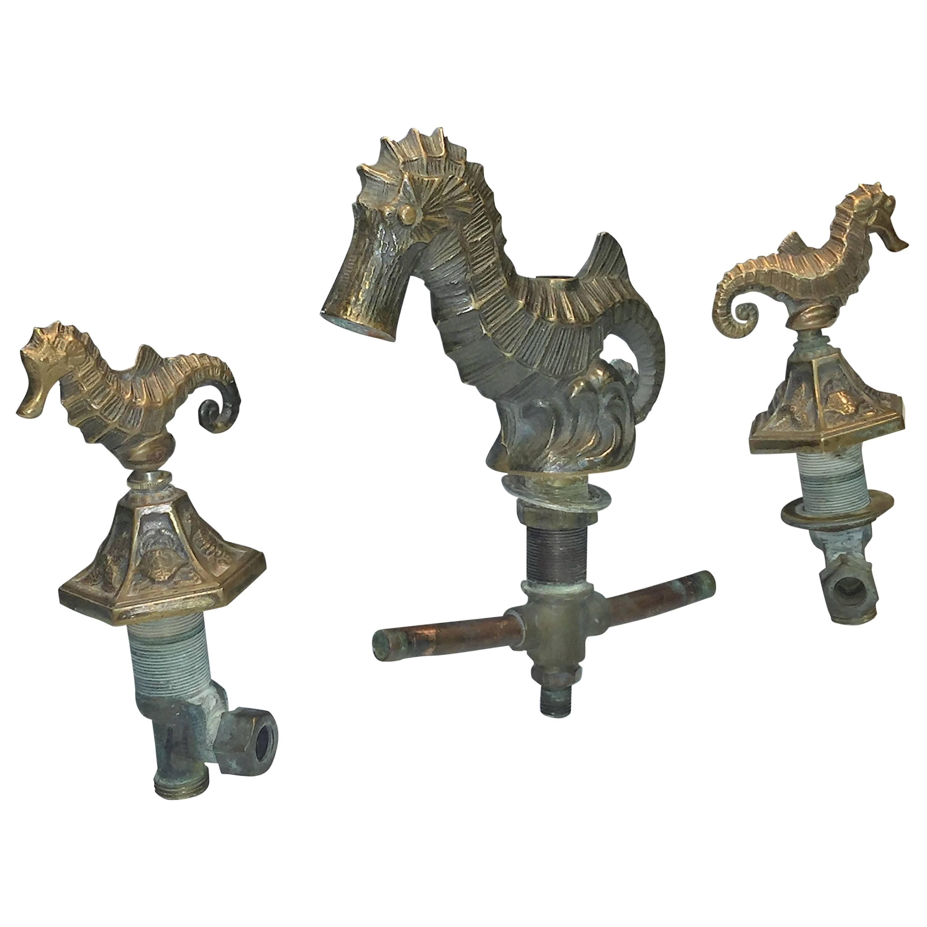 Unique Art Deco Solid Bronze Seahorse Sink Faucet Set For Sale