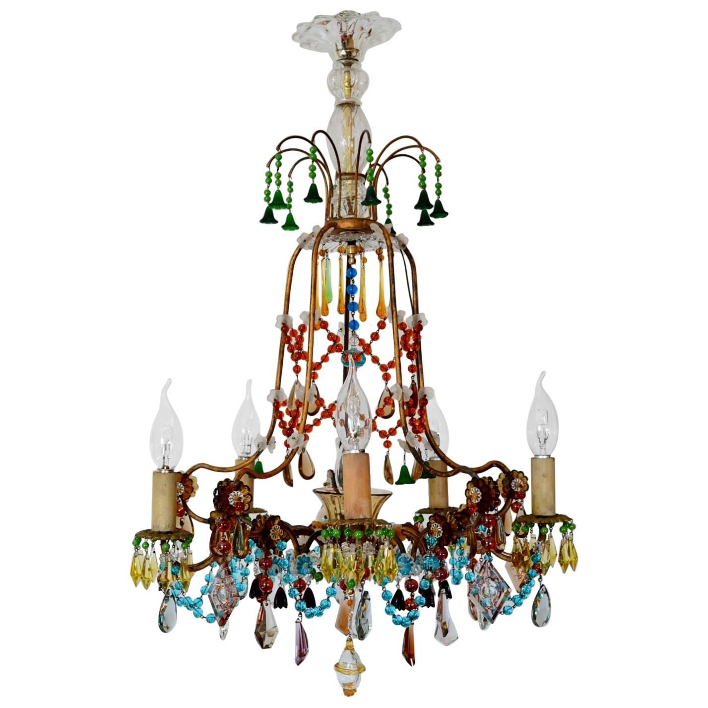 French Multicolor Murano Glass Gilt Chandelier "Bohemian Style", 1940s