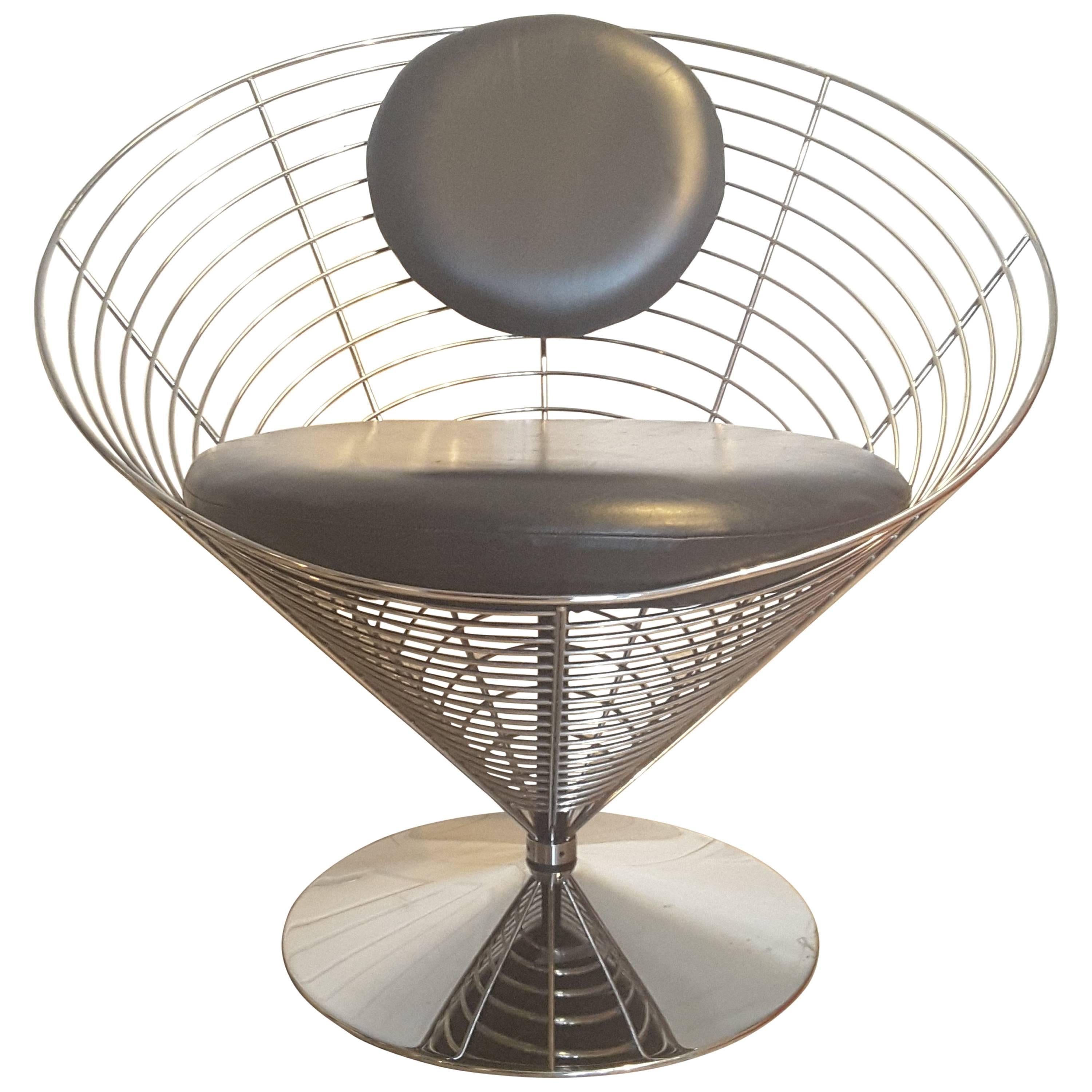 Mid-Century Modern Leather Wire Cone Swivel Chair by Verner Panton