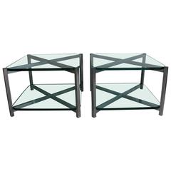 1930's Jacques Adnet Pair of Two-Tier Nickel and Glass Side End tables