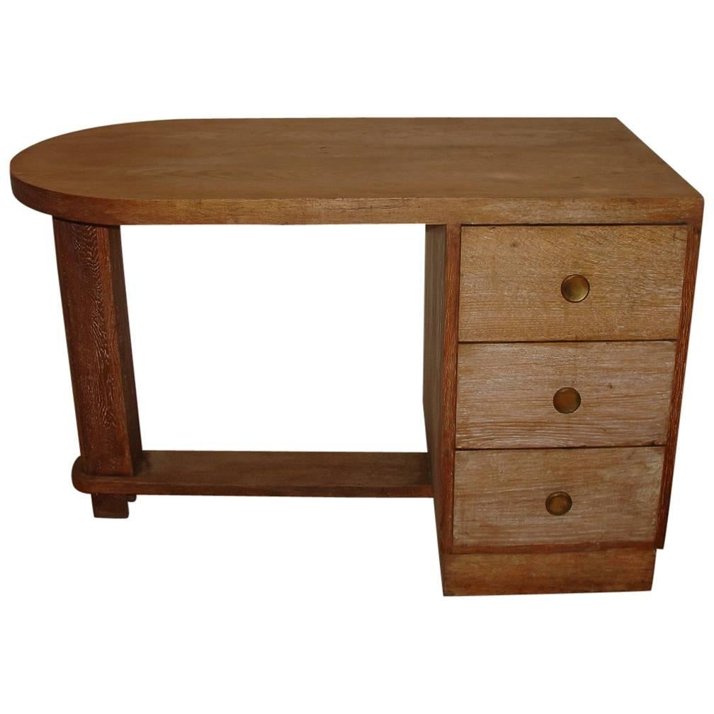 Small French Limed Oak, Art Deco Desk with Bronze Patinated Original Handles