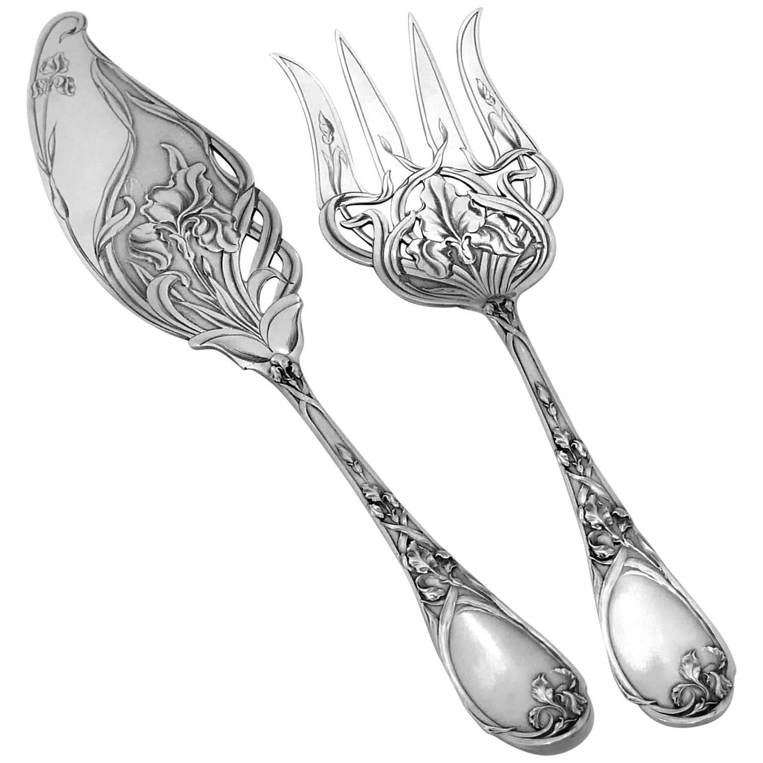 Puiforcat Rare French All Sterling Silver Fish Servers Two-Piece Iris Pattern